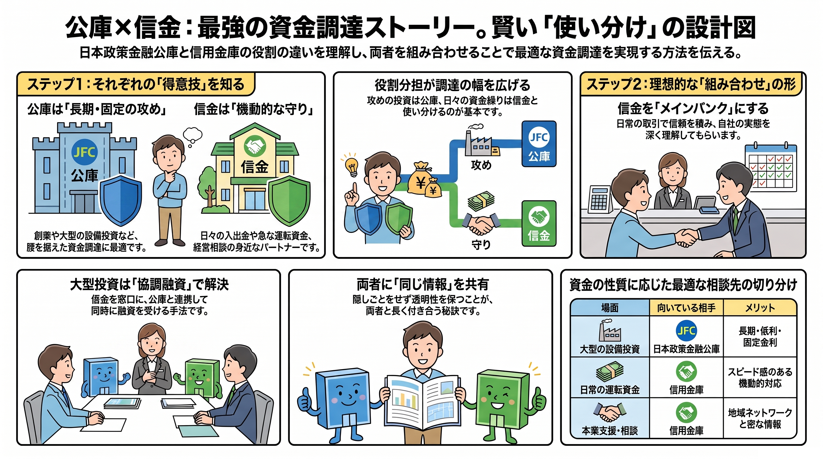 日本政策金融公庫と信用金庫を役割で組み合わせる資金調達の設計図。信用金庫をメインバンクに、公庫を長期・政策資金に使い分ける全体像をまとめた図