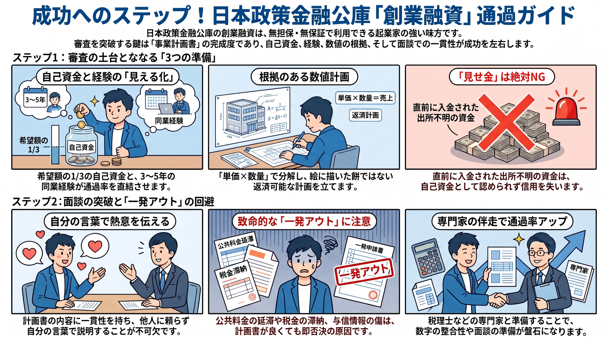 日本政策金融公庫の創業融資に通る事業計画書づくりのガイド。融資の概要、記入項目、審査で重視される3点、数値計画、面談対策、一発アウトの例までをまとめた全体像