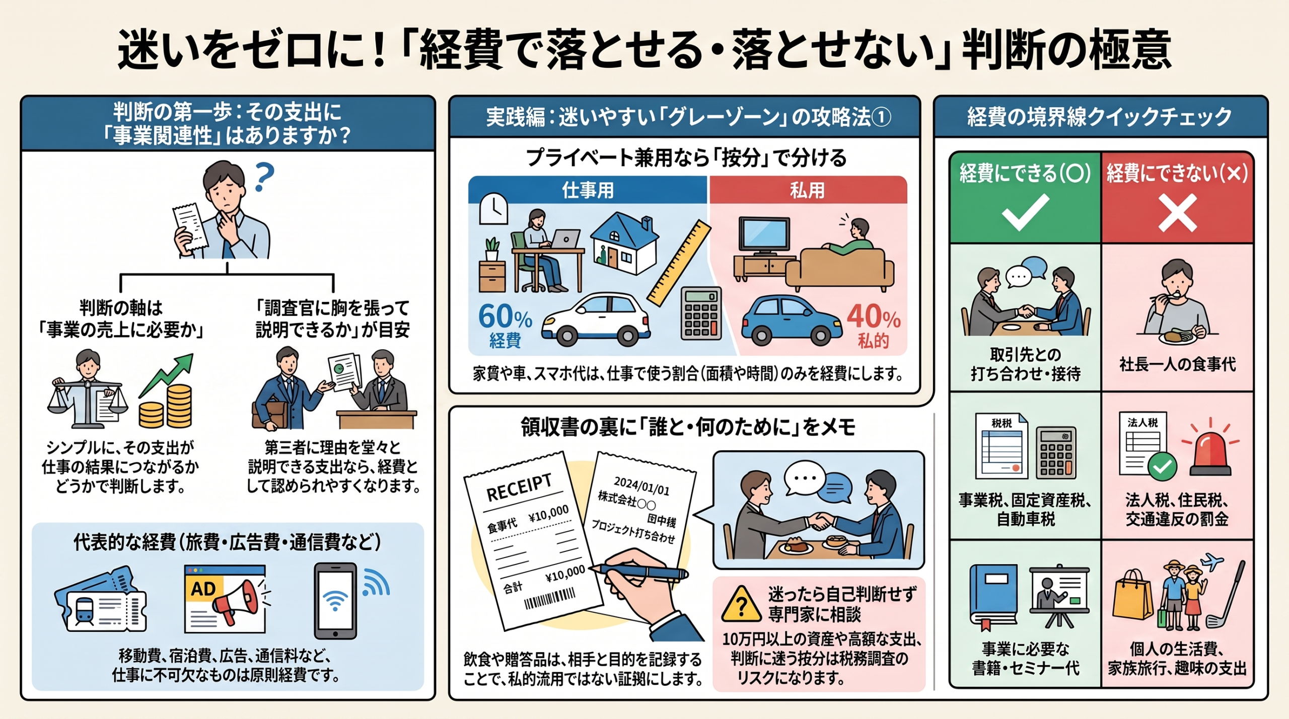 経費で落とせるもの・落とせないものの判断ポイントを1枚にまとめた図解