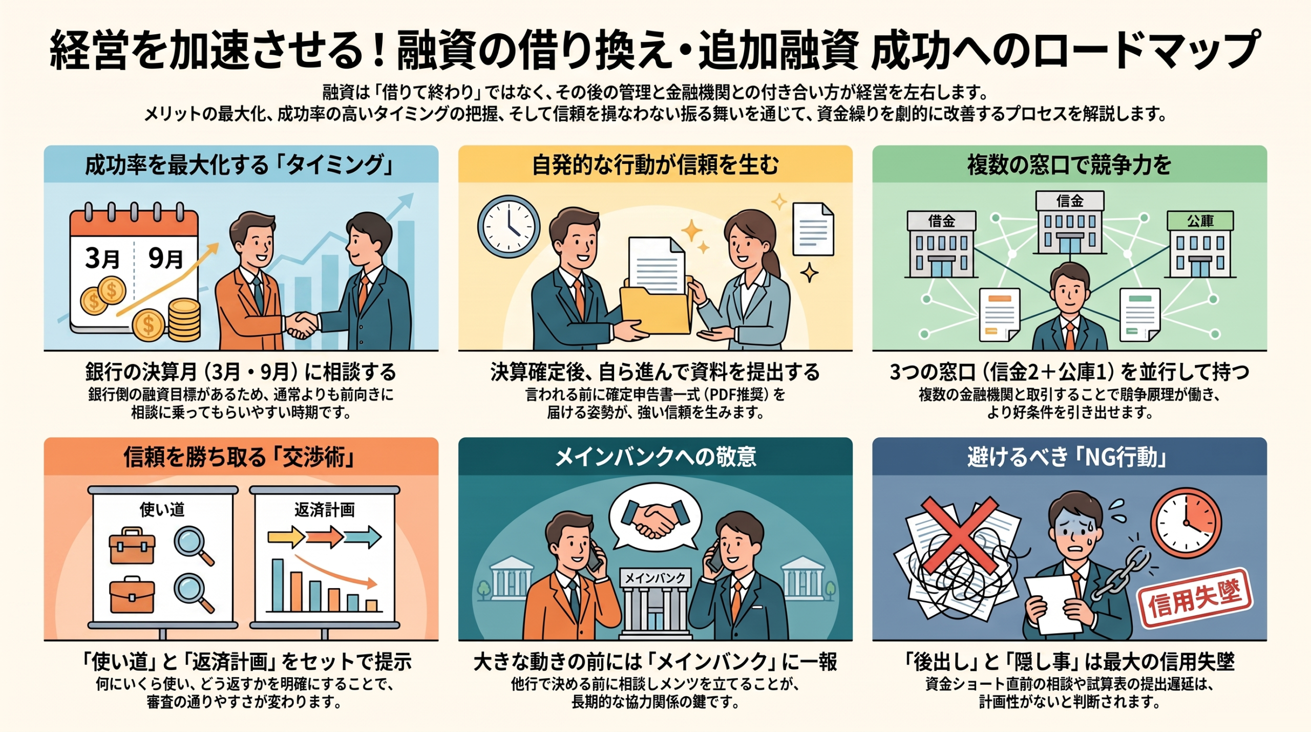 決算後の動き方から金融機関ポートフォリオの構築まで、借り換えと追加融資を成功させるためのロードマップをまとめた図