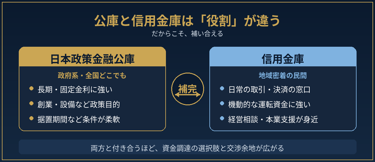 公庫と信用金庫の役割の違いを示す図。公庫は政府系で長期・固定・政策目的、信用金庫は地域密着で日常取引・機動的な運転資金・経営相談に強く、両者は補完し合う関係