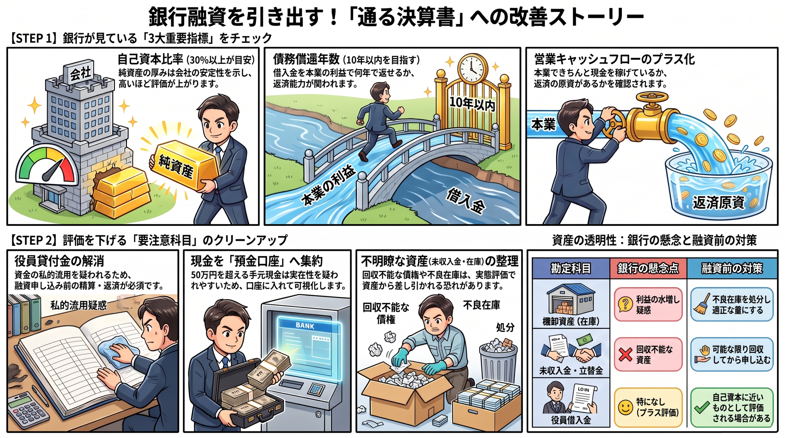 銀行に「通る」決算書へ改善するポイントを1枚にまとめた図解