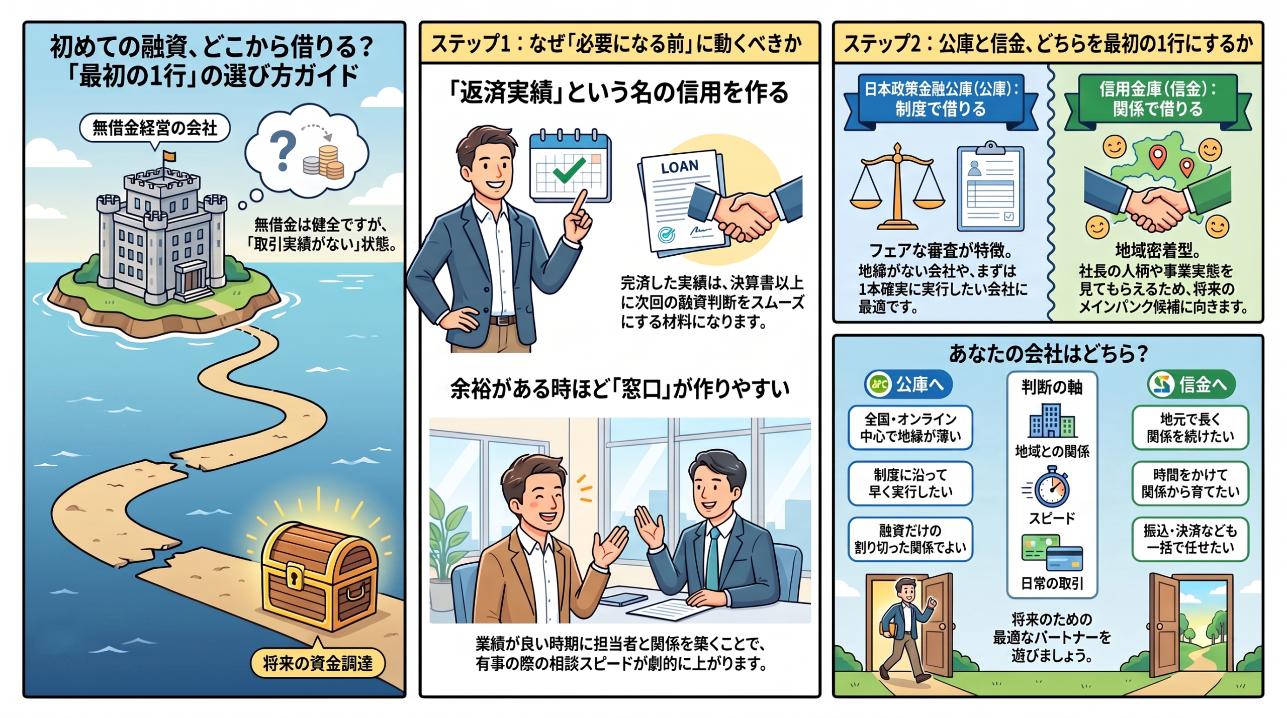初めての融資での銀行の選び方を1枚にまとめた図解
