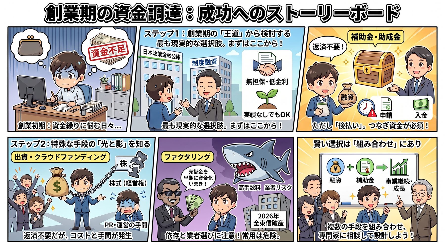 創業期の資金調達7つの手段を6コマで整理したストーリーボード。資金不足の悩みから、王道の融資(日本政策金融公庫・制度融資/無担保・低金利)、返済不要だが後払いの補助金・助成金、株式や手間を伴う出資・クラウドファンディング、高手数料で業者リスクのあるファクタリング、そして融資+補助金を組み合わせる賢い選択までの流れを図解。