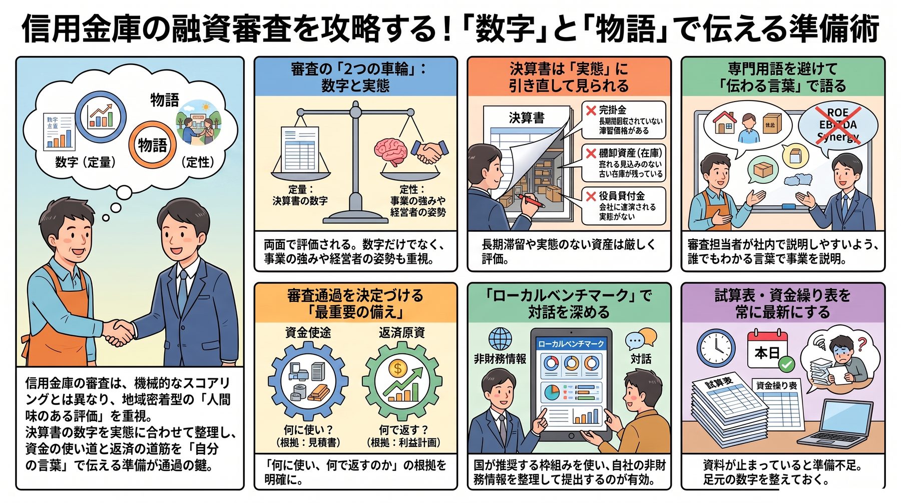 信用金庫の融資審査を攻略する図解。数字と物語の両輪、決算書の実態への引き直し、専門用語を避けた伝わる説明、資金使途と返済原資、ローカルベンチマークの活用、試算表・資金繰り表の準備を8コマでまとめたもの