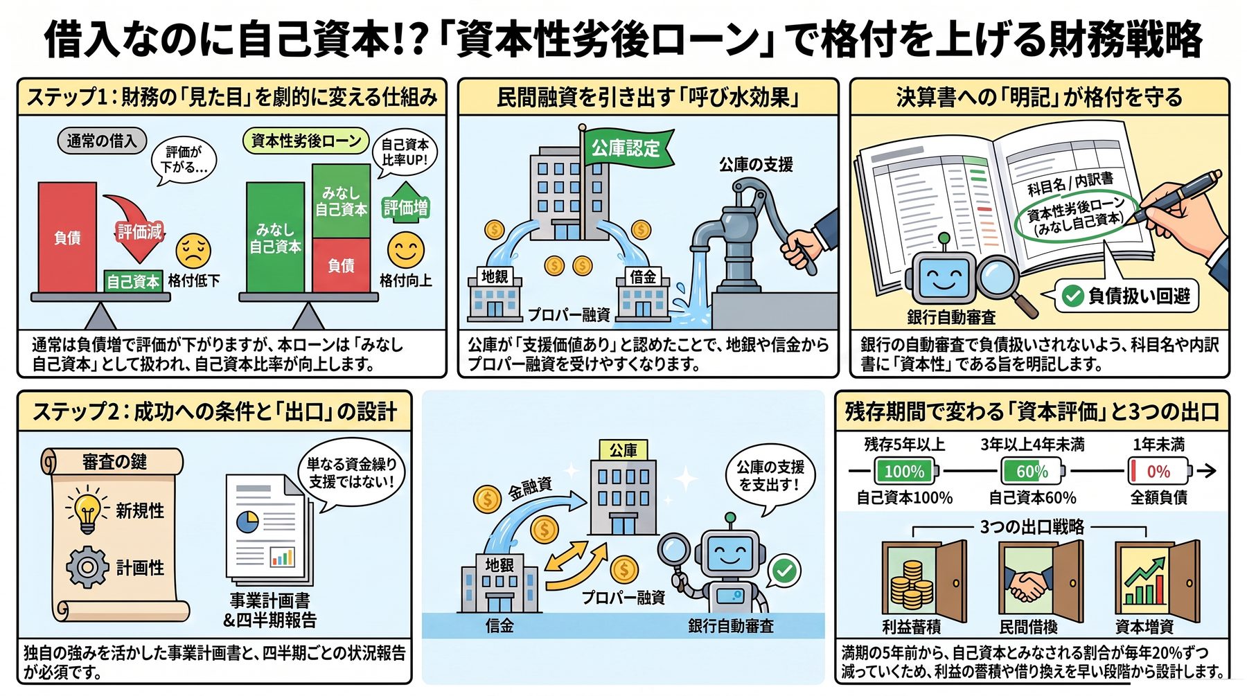 資本性劣後ローンの財務戦略を1枚にまとめた図解。財務の見た目が変わる仕組み、呼び水効果、決算書への明記、新規性と出口の設計、残存期間による資本評価の逓減と3つの出口