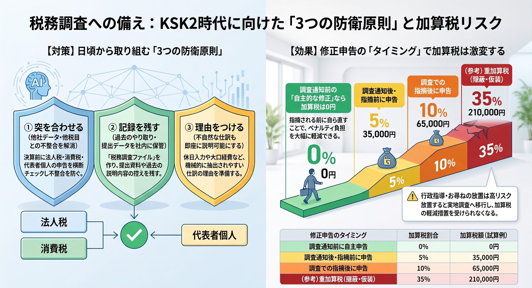 税務調査への備えの図解。左は3つの防衛原則(①突合を合わせる②記録を残す③理由をつける)、右は修正申告のタイミング別の加算税(調査通知前の自主修正0%・0円、通知後指摘前5%・35,000円、指摘後10%・65,000円、重加算税35%・210,000円)