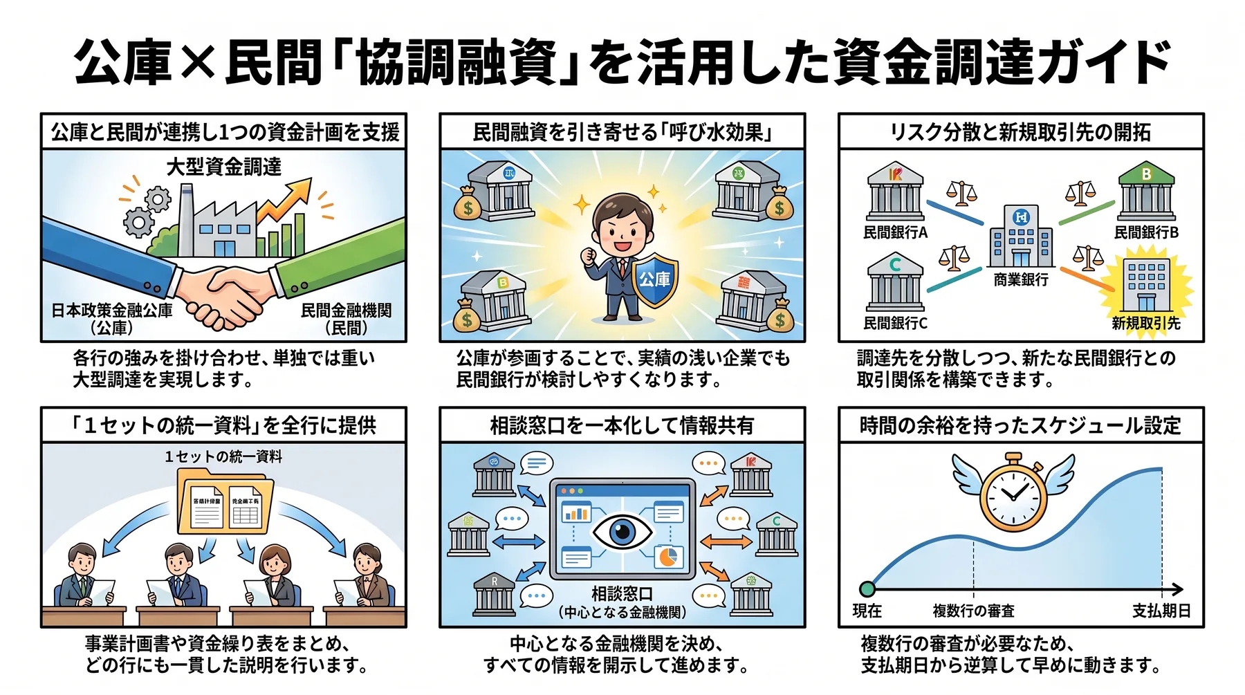 公庫と民間金融機関の協調融資のポイントを6コマで図解。1つの資金計画を連携して支援、民間融資を引き寄せる呼び水効果、リスク分散と新規取引先の開拓、1セットの統一資料を全行に提供、相談窓口の一本化と情報共有、支払期日から逆算したスケジュール設定