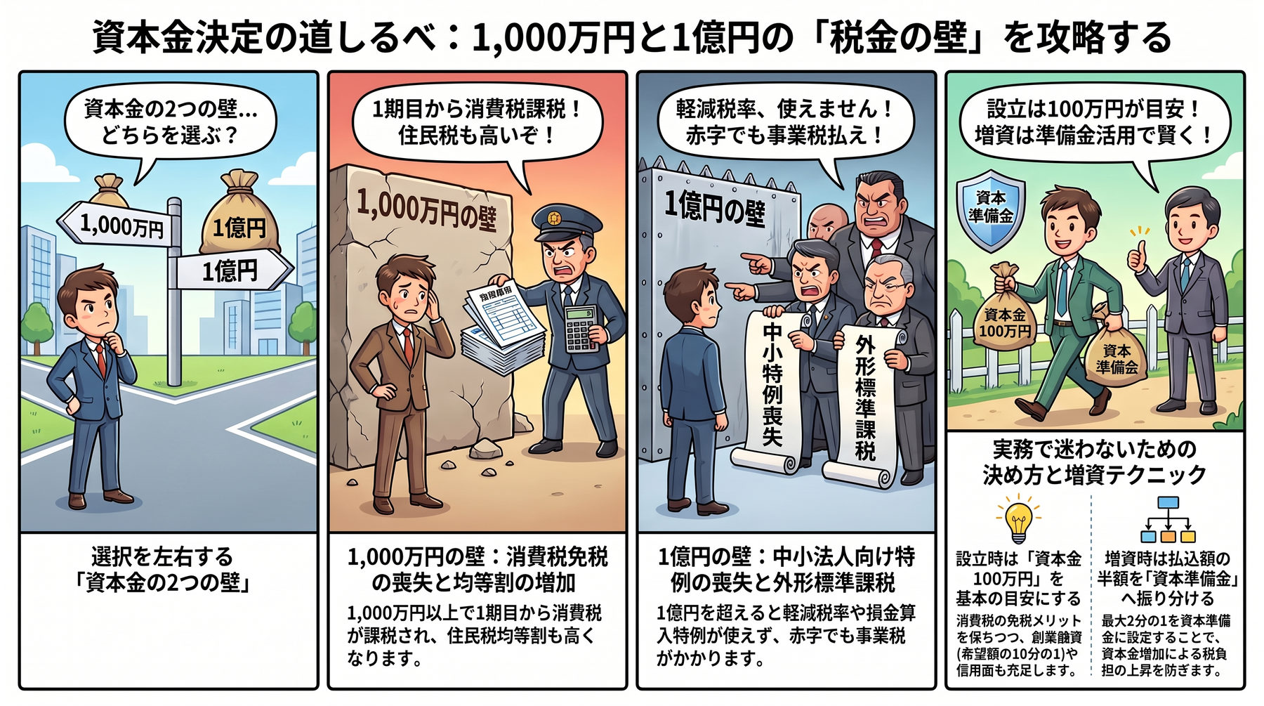 資本金決定の道しるべ:資本金の2つの壁(1,000万円と1億円)を4コマで整理した図解。1,000万円以上は1期目から消費税課税・均等割増加、1億円超は中小法人の特例喪失と外形標準課税。設立は資本金100万円が目安、増資は払込額の2分の1まで資本準備金に振り分け