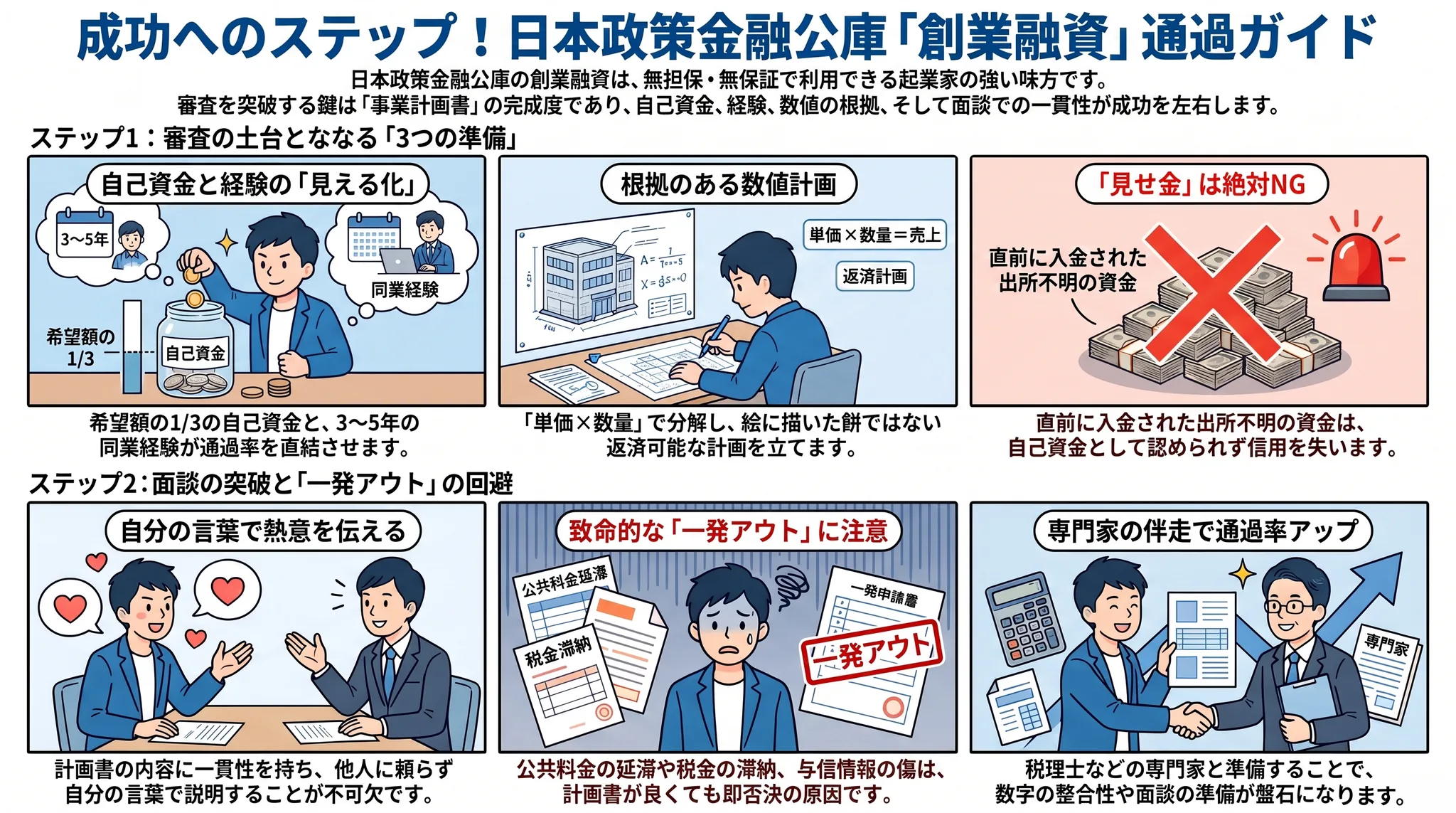 日本政策金融公庫の創業融資に通る事業計画書づくりのガイド。融資の概要、記入項目、審査で重視される3点、数値計画、面談対策、一発アウトの例までをまとめた全体像