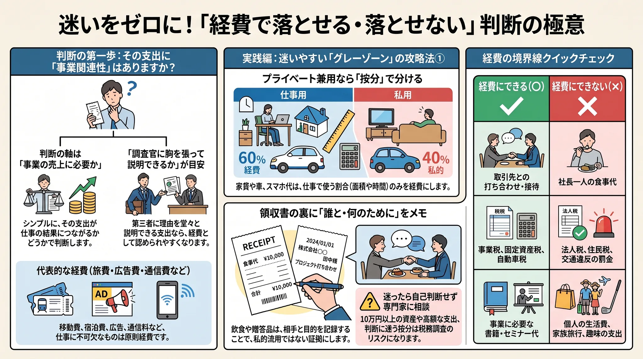 経費で落とせるもの・落とせないものの判断ポイントを1枚にまとめた図解