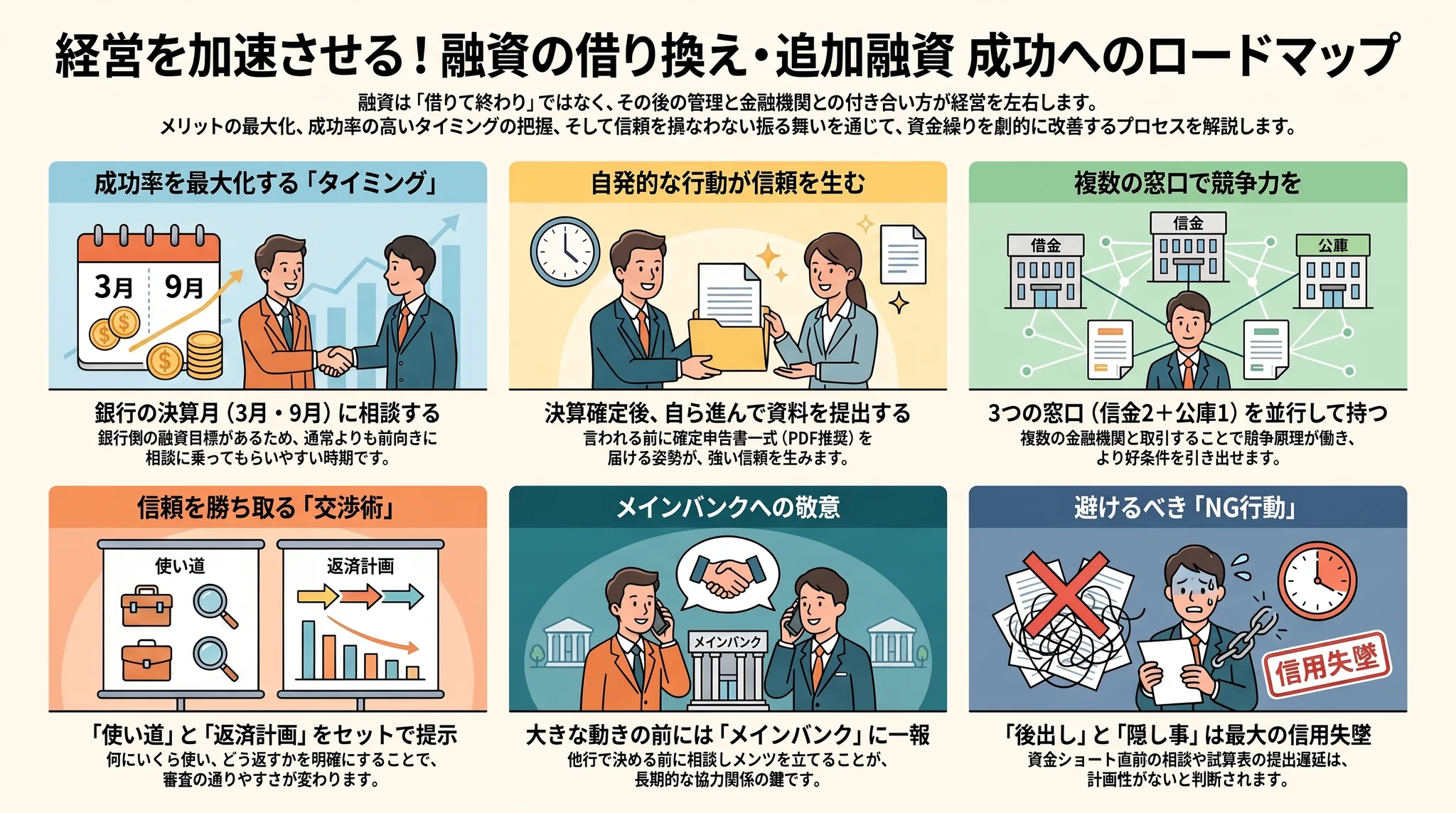 決算後の動き方から金融機関ポートフォリオの構築まで、借り換えと追加融資を成功させるためのロードマップをまとめた図