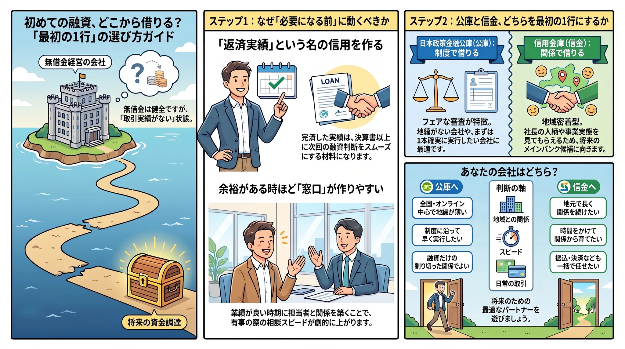 初めての融資での銀行の選び方を1枚にまとめた図解